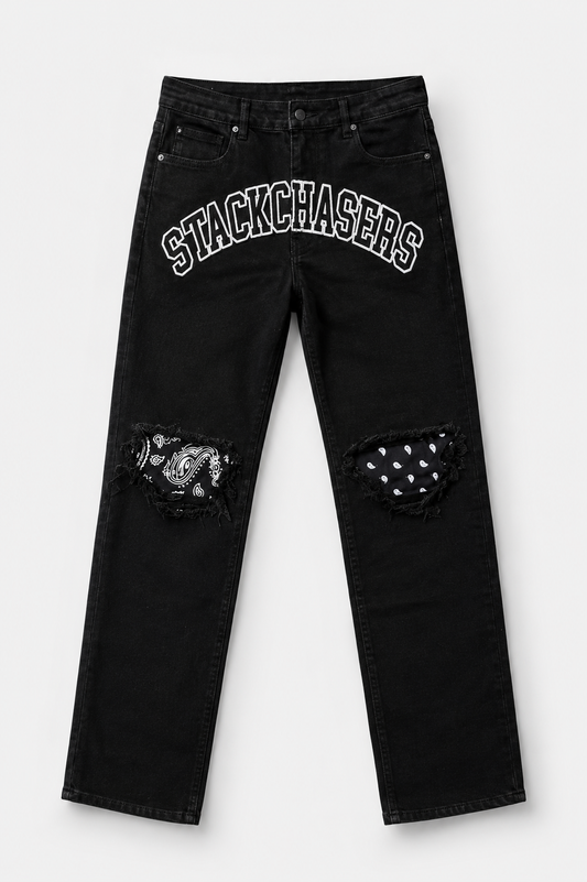 STACK CHASERS PATCHWORK BANDANA RIPPED JEANS